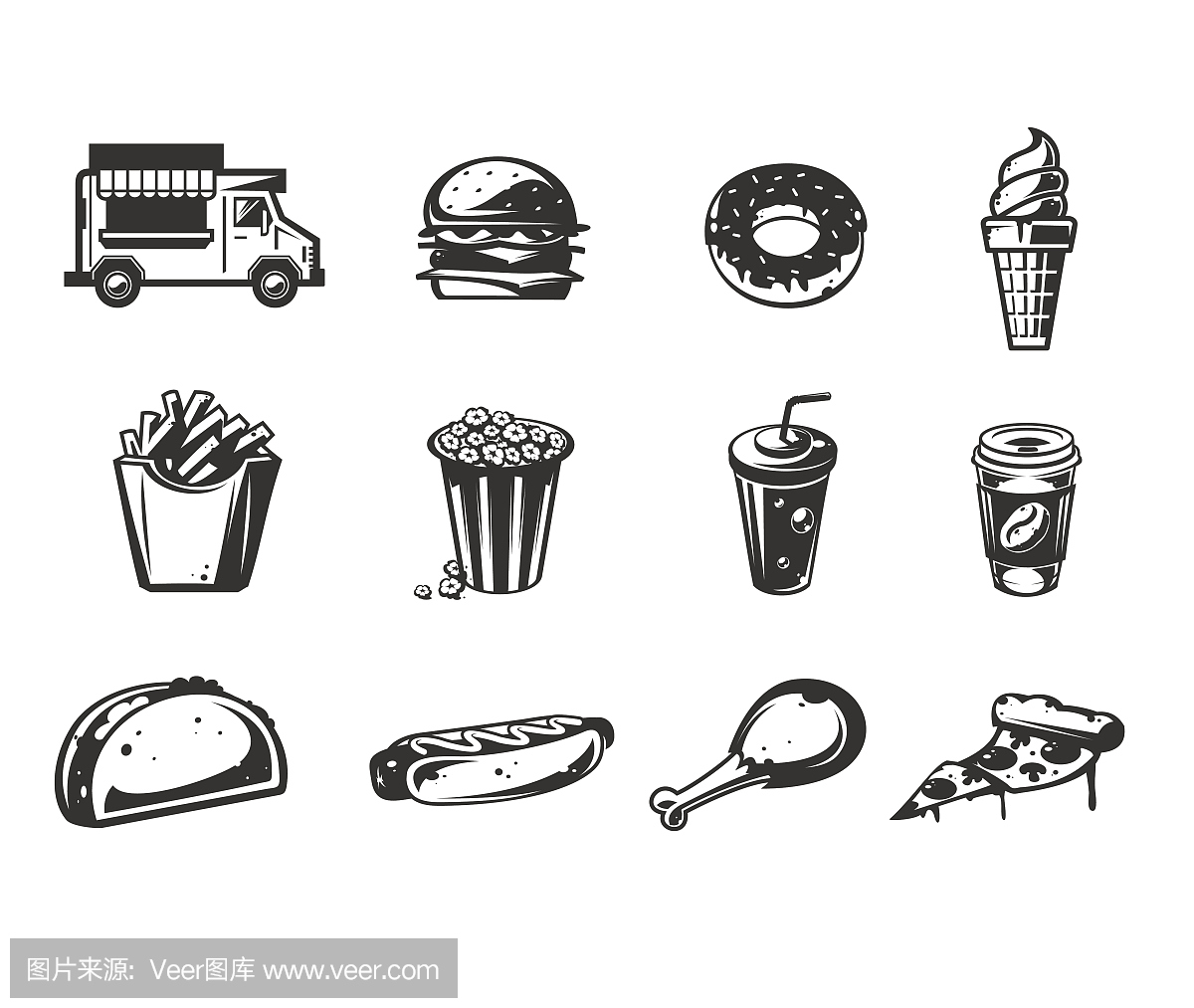 向量黑色图标-汽车快速送食品或食品卡车,一系列图标的各种快餐产品